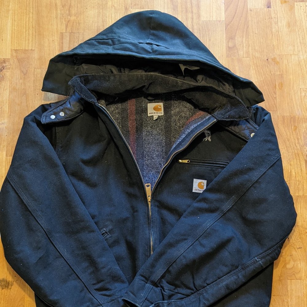VTG Carhart Coat Black Full Zip Blanket Lined Hood Large USA Made
